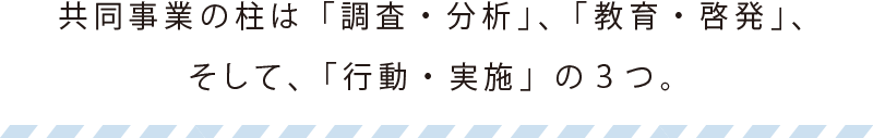 共同事業の柱は「調査・分析」、「教育・啓発」、
そして、「行動・実施」の３つ。